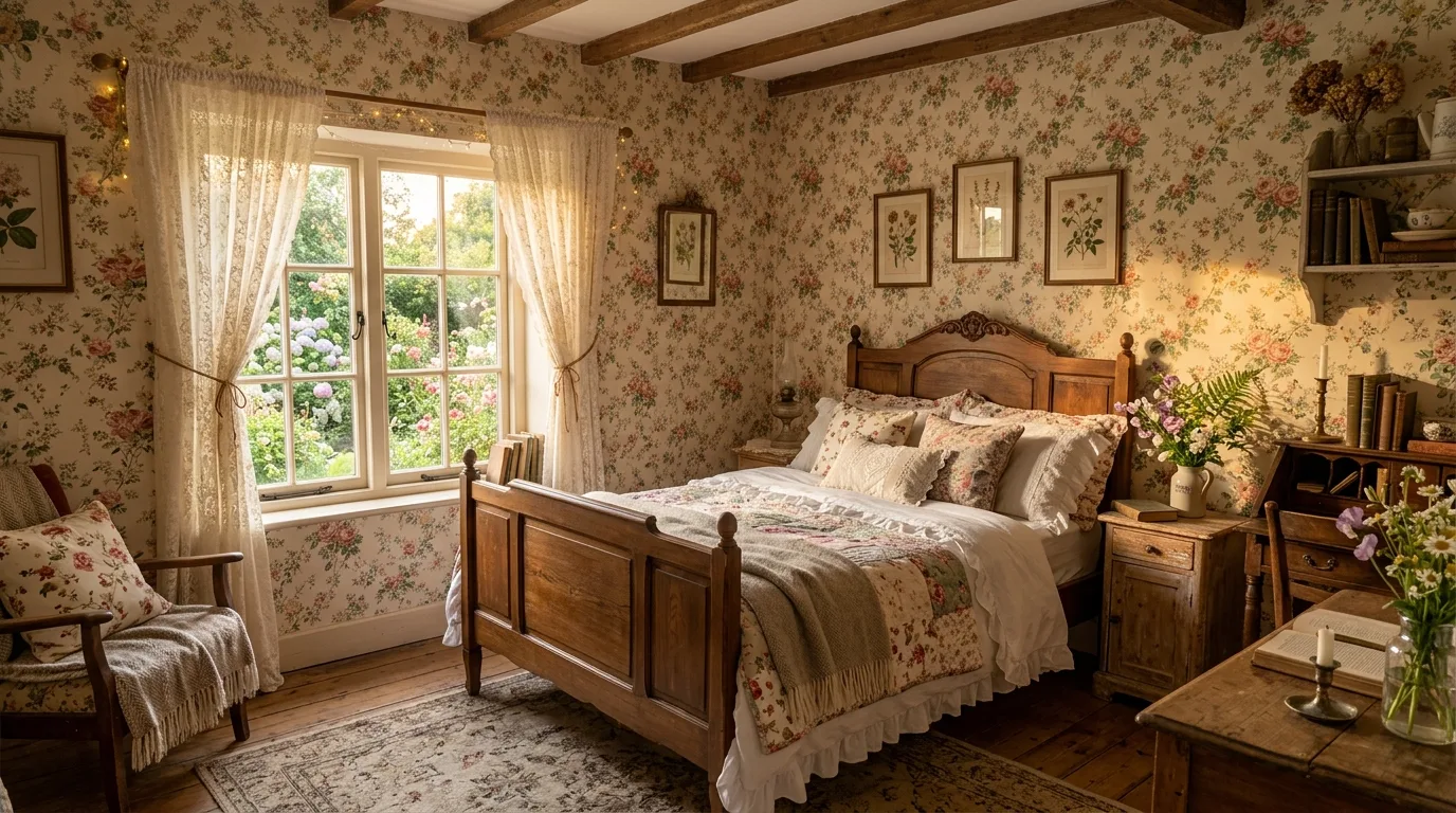 Romantic cottagecore bedroom styled like a charming storybook retreat.